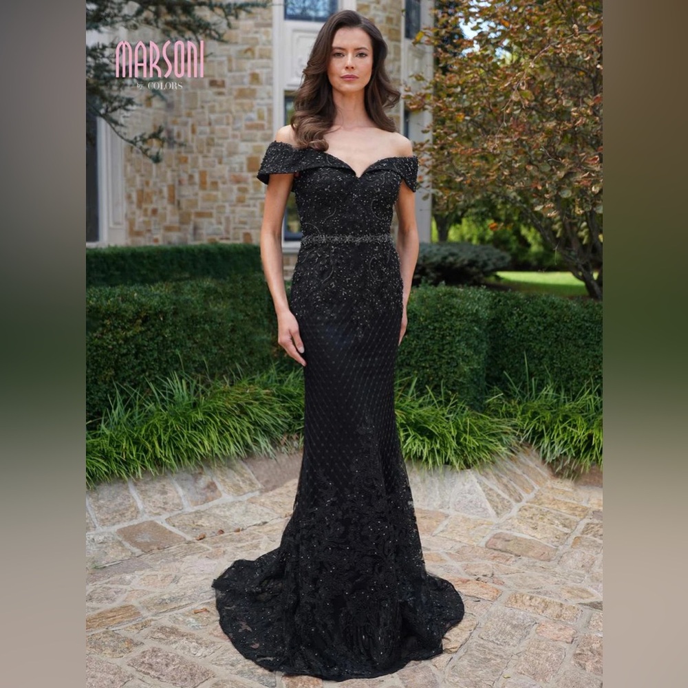Marsoni by Colors Black Off the Shoulder Beaded Evening Gown size 6